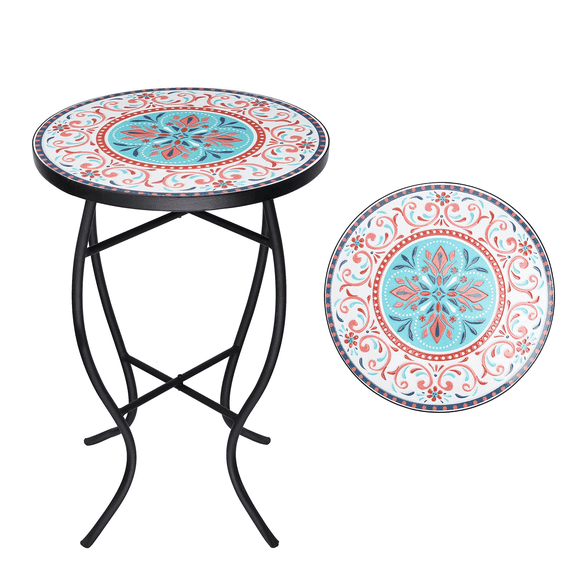 Outdoor Side Table-Patio End Table-14'' Round Accent Table Mosaic Glass Metal Side Table Garden Balcony Indoor Coffee Table