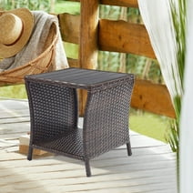 Outdoor Side Table for Patio Small Rattan Wicker Coffee Table Balcony Table Outside end Table with Poly Lumber Table top & Storage Bistro Table for Garden Pouch Deck Living Room Backyard Brown