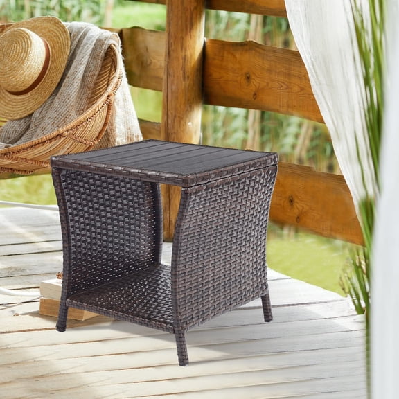 Outdoor Side Table for Patio Small Rattan Wicker Coffee Table Balcony Table Outside End Table with Poly Lumber Table Top & Storage Bistro Table for Garden Porch Deck Living Room Backyard Brown