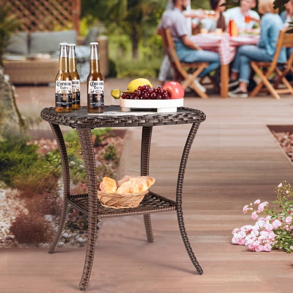 Outdoor Side Table Patio Wicker Coffee Table Outdoor End Table Rattan Bistro Table with Storage & Poly Lumber Table Top Square for Outside Balcony Porch Poolside Deck Brown