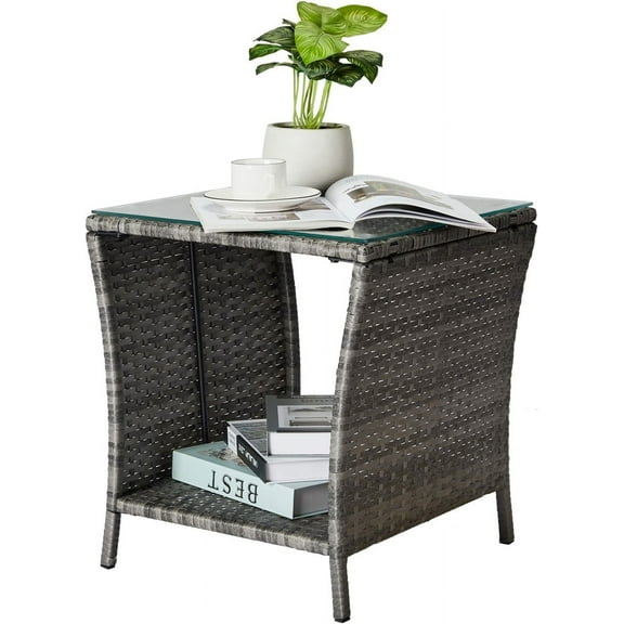 Outdoor Side Table, Rattan Coffee Table Small End Table with Glass Top Storage for Patio Porch Backyard Balcony