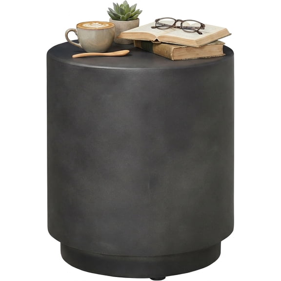 Outdoor Side Table, Round Small End Table with Concrete Finish for Indoor, Patio, Backyard, Pool, Porch, Garden, Lawn, Dark Gray