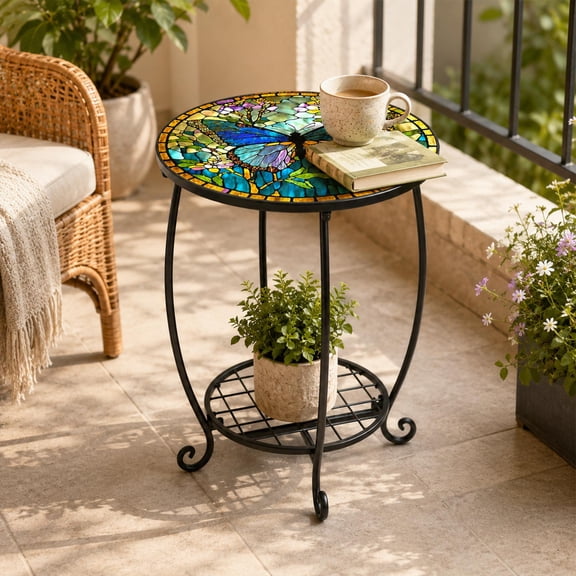 Outdoor Side Table Round Small Mosaic Patio Accent Indoor End Plant Coffee Tea Table for Yard Patio Porch Garden Living Room, Bedroom(Butterfly Style,18 Inch)