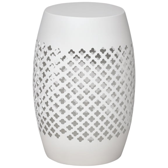 Outdoor Side Table, Round Steel Patio End Table with Geometric Hollow Drum Design, 11.8" Dia x 18.1" H, White Weather-Resistant Accent Table for Garden, Backyard, and Indoor Use