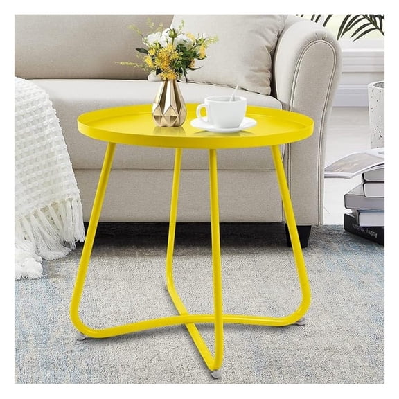 Outdoor Side Table, Round Steel Patio End Table, Weather Resistant Small Accent Table for Patio, Garden, Balcony, Indoor Use, Yellow