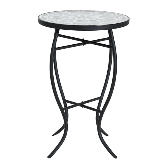Outdoor Side Table Round Top Mosaic Ceramic Tiles Curved Iron Legs 13.75 In D 13.75 In W 21.4 In H