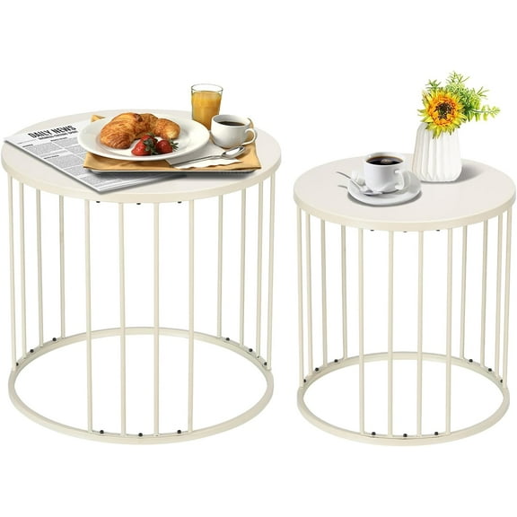 Outdoor Side Table Set of 2, Metal Circle Accent End Tables for Balcony Backyard Garden Indoor Living Room, Durable Black Nesting Coffee Tables, 20+16 Dia