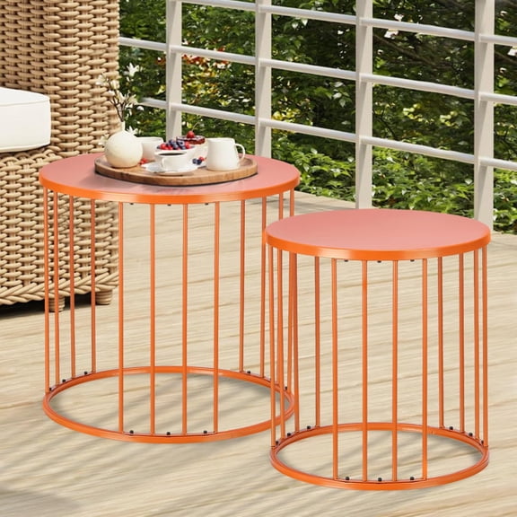 Outdoor Side Table Set of 2, Metal Circle Accent End Tables for Balcony Backyard Garden Indoor Living Room,  Nesting Coffee Tables, 20+16 Dia, Orange