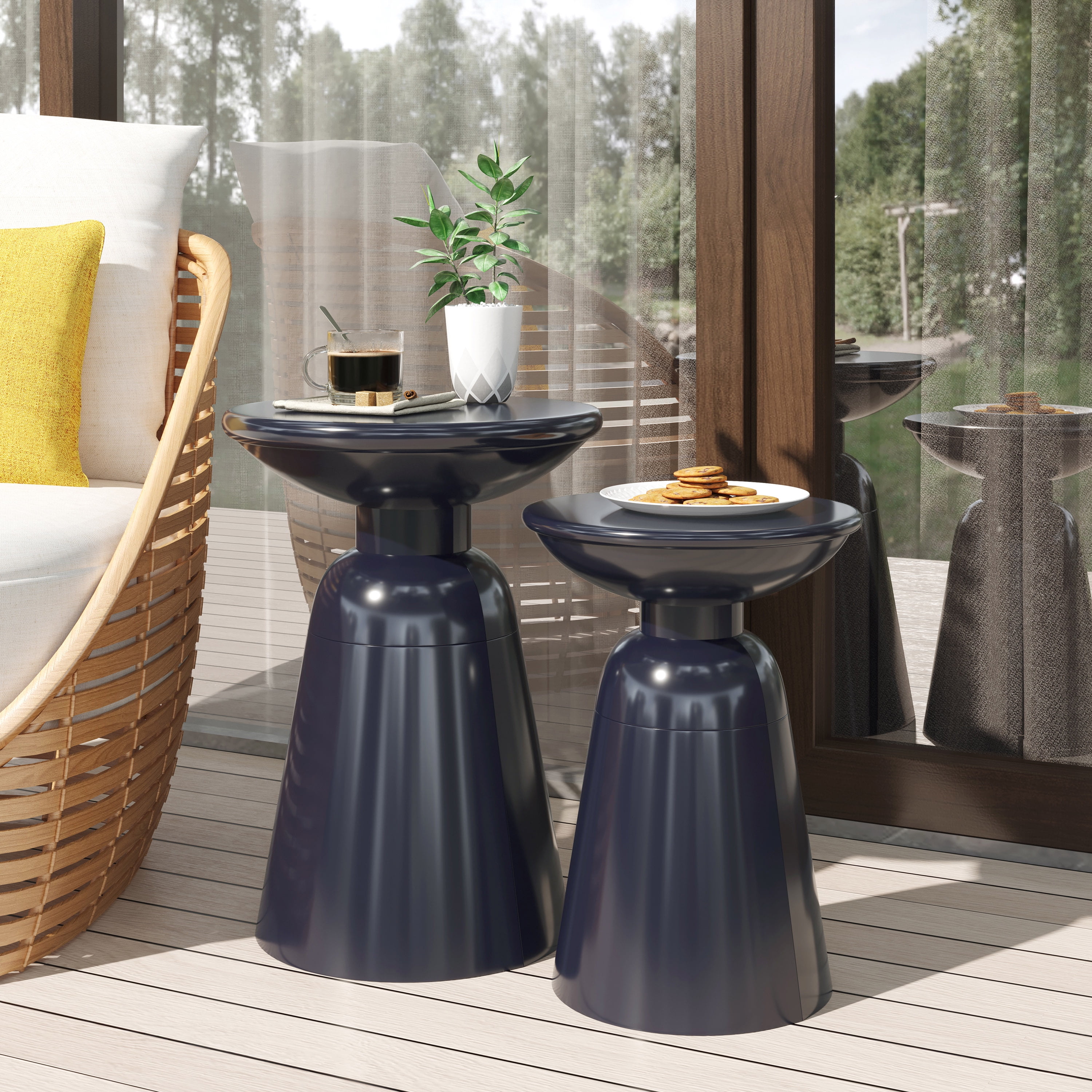 Outdoor Side Table Set of 2, Iron Frame Flared Style Accent Tables for Patio Garden, Navy Blue