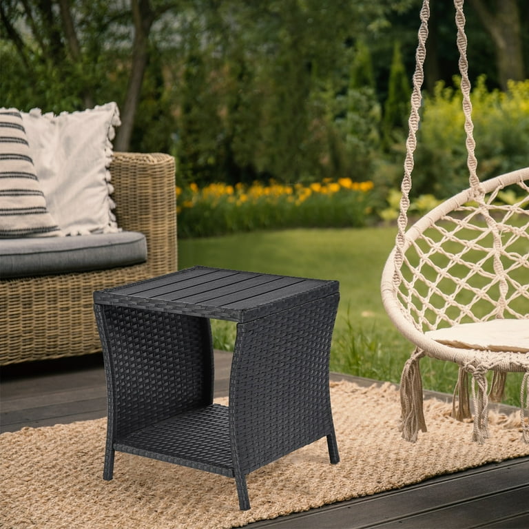 Outdoor Side Table Small Outdoor End Table for Patio Black Wicker Rattan Coffee Table with Storage Poly Lumber Table Top Square for Outside Balcony