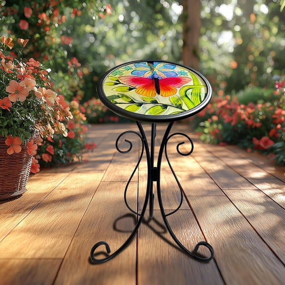 Outdoor Side Table, Small  End Table with Butterfly Glass Top, 12 Inch Round Garden Plant Stand for Porch Living Room