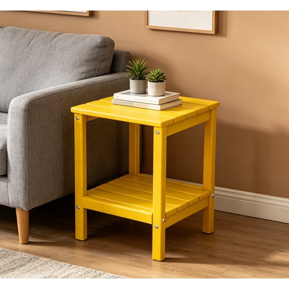 Outdoor Side Table | Small | | Patio End Table | 2-Shelf Adirondack Outside Table | All Weather | for Poolside, Front Porch, Indoor Living Room | 14" x 13" | Yellow