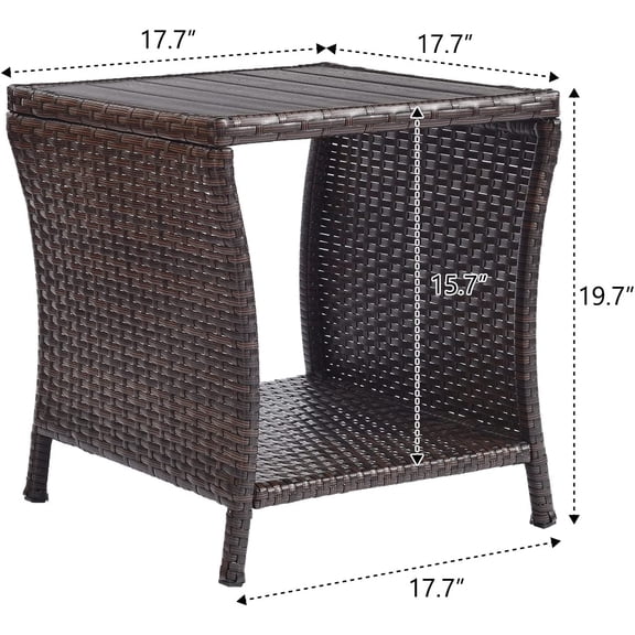 Outdoor Side Table for  Small Rattan Wicker Coffee Table Balcony Table Outside End Table with Poly Lumber Table Top & Storage Bistro Table for Garden Porch Deck Living Room Backyard Brown