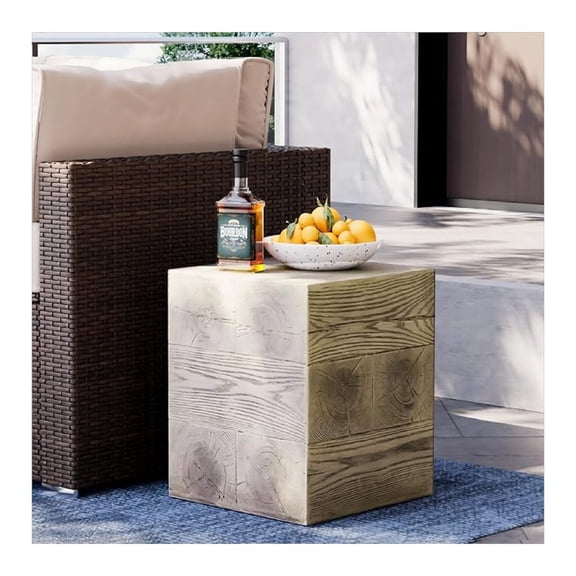 Outdoor Side Table Square, Faux Wooden Concrete Side Table End Table, Stump Stool for Patio Stand, Deck or Garden, Light Walnut