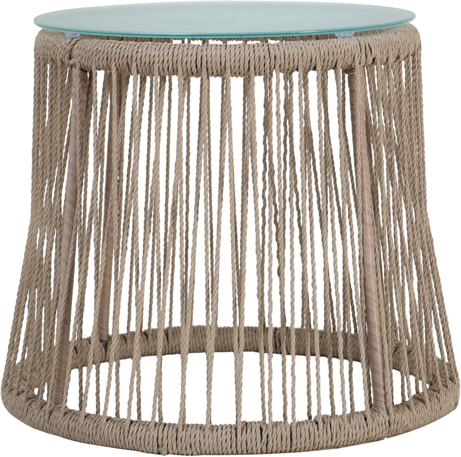 Outdoor Side Table, Steel and Rope, Tempered Glass Table Top, Boho, Brown