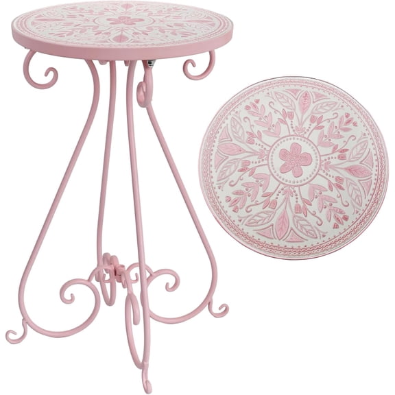 Outdoor Side Table with Storage Shelf Metal Round Plant Stand Ceramic Tile Round Table Garden Patio Porch Side Table Indoor Accent End Table for Living Room