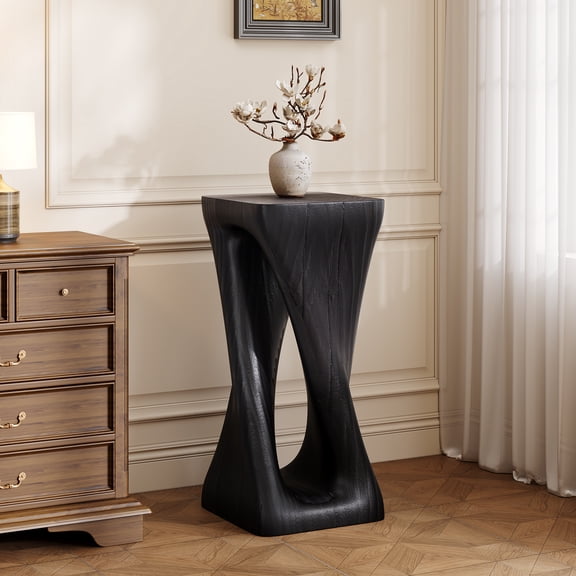 Outdoor Side Table, Twist Shape Magnesium Oxide End Table with Wood-Like Texture, 12.5" x 12.5" x 26.8" Black Decorative Accent Table for Patio, Balcony, Poolside and Indoor Use
