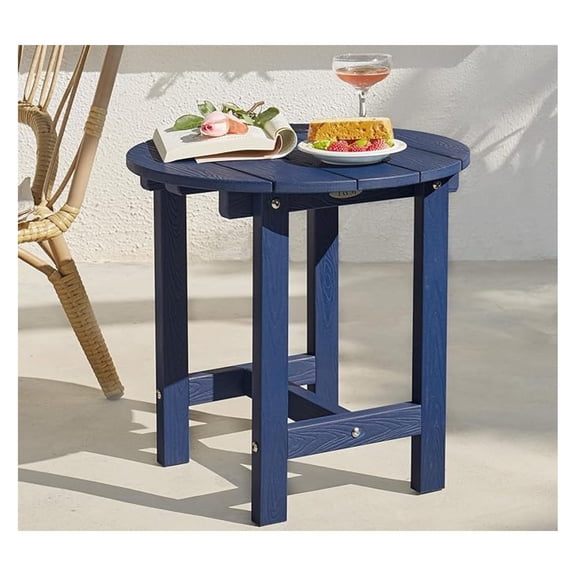 Outdoor Side Table, Waterproof Four-Legged Round Entryway End Table, Single-Tier HDPE Modern Small Coffee Nightstand for Bedroom, Living Room, Patio, Indoor or Outdoor Use, Navy Blue
