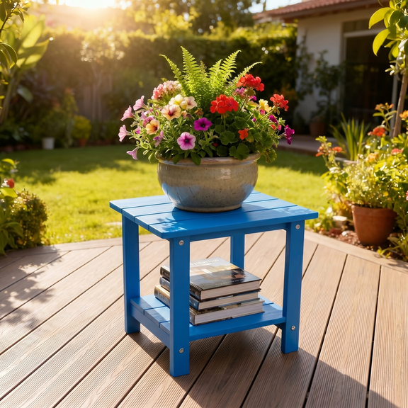 Outdoor Side Table Weather Resistant Adirondack Side Table with 2-Tier Storage Plastic Patio End Table 170 lbs Capacity Heavy Duty Small Accent Table for Deck Yard Garden