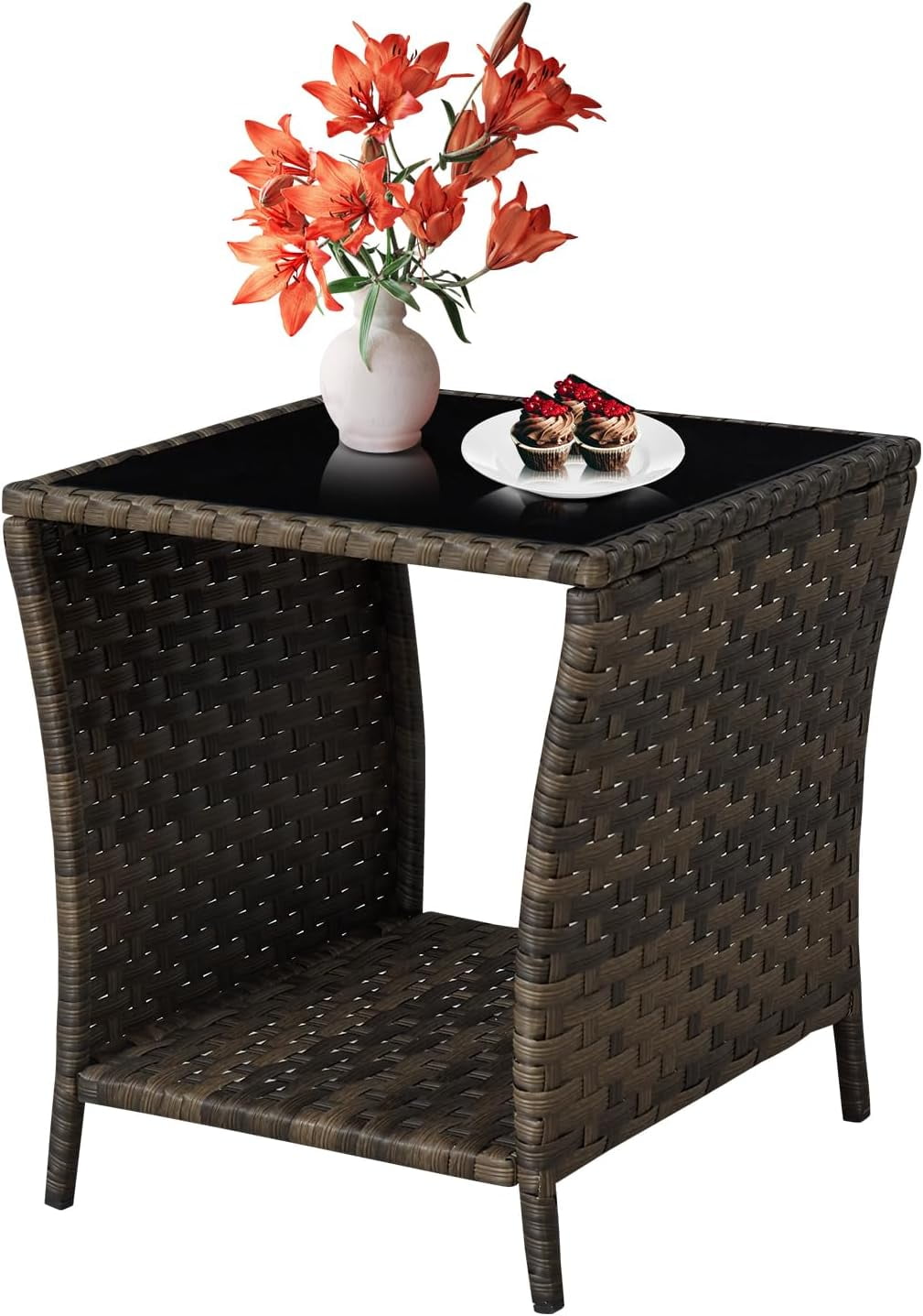 Outdoor Side Table Wicker Rattan Side Tables, End Table for Patio with