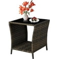 Outdoor Side Table Wicker Rattan Side Tables, End Table for Patio with Glass Top Rattan Storage