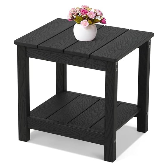 Outdoor Side Table with 2 Layer Storage, All-Weather Rectangular End Table, Low Maintenance, Black