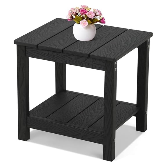 Outdoor Side Table with 2 Layer Storage, All-Weather Rectangular End Table, Low Maintenance, Black