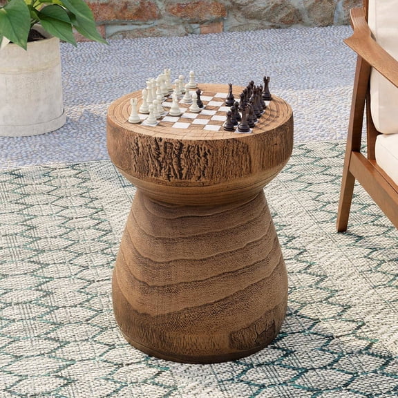 Outdoor Side Table with Chessboard Design, 14" Round Faux Wood Garden Stool, Lightweight Patio End Table for Yard or Indoor Use, Brown