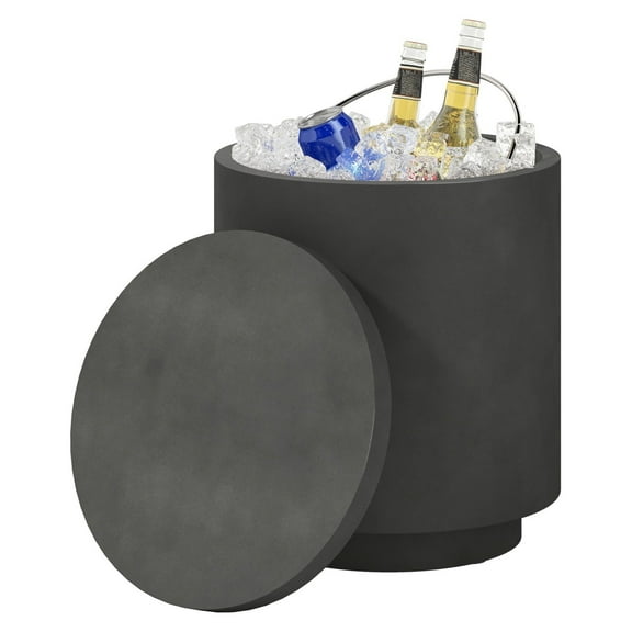 Outdoor Side Table with Cooler, 2.6 Gal Concrete Bar Table, Patio End Table with Storage, Removable Ice Bucket, Charcoal Gray