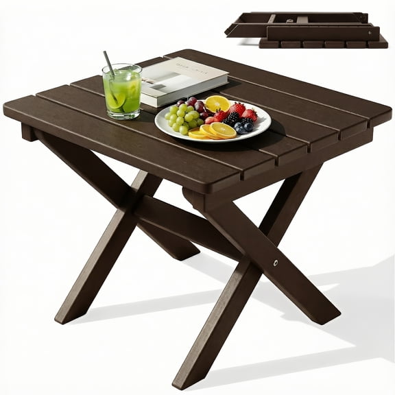 Outdoor Side Table with Foldable HDPE Frame, Adirondack End Table for Patio, Brown