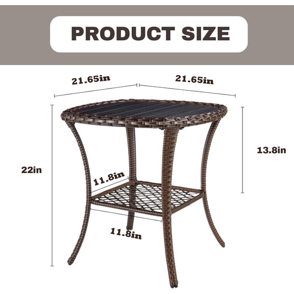 Outdoor Side Table with Poly Lumber Top and Double Storage, Brown Wicker  End Table for Garden Deck Porch