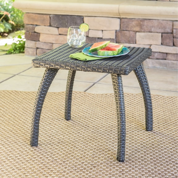 Outdoor Side Table with Rattan Look | Offer Space for Food and Drinks | Faux Wicker and Iron | Complement Patio Ambiance