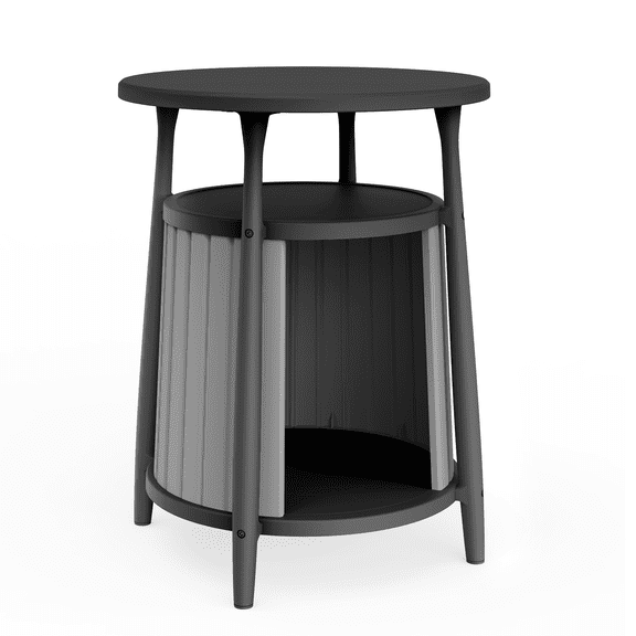 Outdoor Side Table with Storage, Round Waterproof Patio End Table Black Gray for Garden