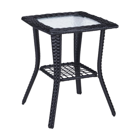 Outdoor Side Table with Storage Wicker Patio Side Table, Tempered Glass Top End Table for Balcony Porch Deck