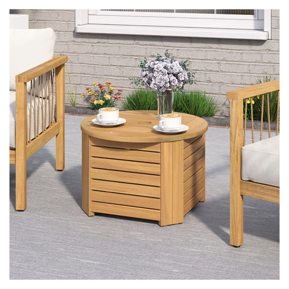 Outdoor Side Table with Storage, Wood Slatted Coffee Table, Square/Round Patio End Table with Storage Box, Umbrella Hole