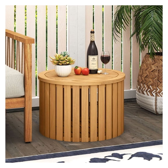 Outdoor Side Table with Storage, Wood Slatted Patio End Table, Square/Round Coffee Table with Storage Box, Umbrella Hole, 165lbs Capacity