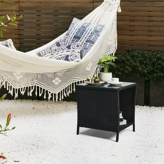 Outdoor Side Table with Storage for Patio Small Rattan Wicker Coffee Table Balcony Glass Table Top