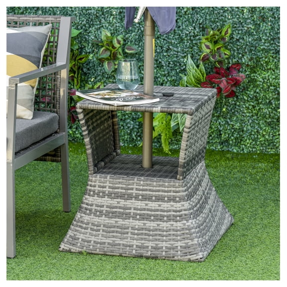 Outdoor Side Table with Umbrella Hole, 2 Tier Rattan Wicker End Table, Patio Furniture, Garden Backyard, Mixed Gray