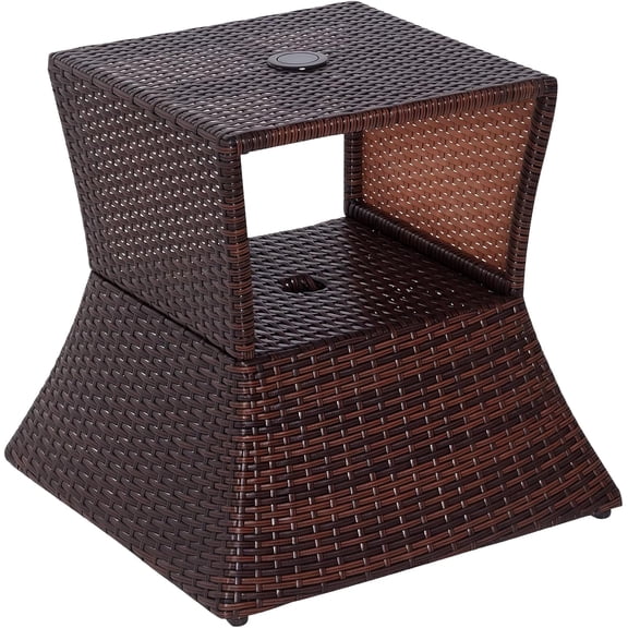 Outdoor Side Table with Umbrella Hole, 2 Tier Rattan Wicker End Table with Storage Shelf, All Weather for Patio, Garden, Backyard, Mixed Brown