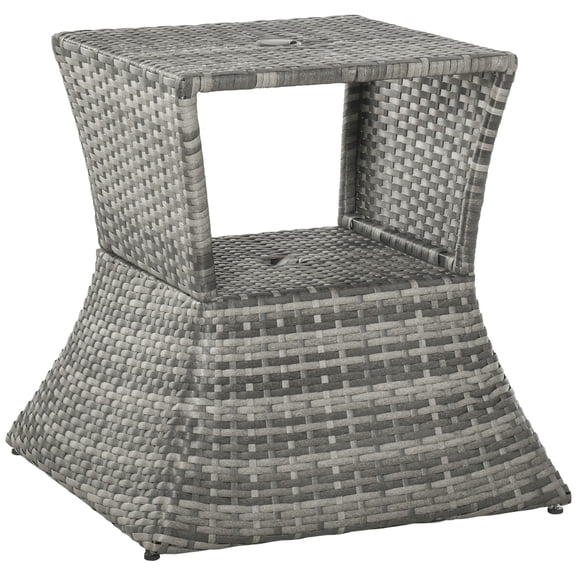 Outdoor Side Table with Umbrella Hole, 2 Tier Storage Shelf for Patio Garden Backyard, 21.3 Square Mixed Grey Rattan Table