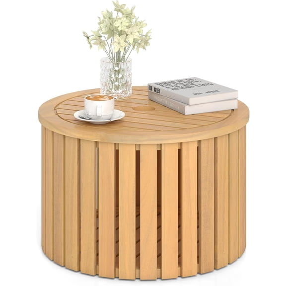 Outdoor Side Table with Umbrella Hole, Acacia Wood End Table with Storage, Removable Base, Patio Storage Box for Backyard, Balcony, Poolside (Round)