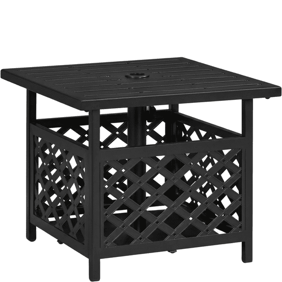 Outdoor Side Table with Umbrella Hole, Metal Patio Coffee Table End Table for Garden Pool Deck, Space Saving Bistro Stand for Patio Furniture, Black