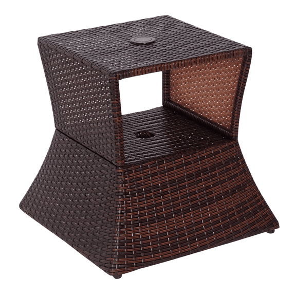 Outdoor Side Table with Umbrella Hole, Rattan Wicker End Table, 2 Tier Patio Table with Storage, All Weather for Garden, Backyard, Mixed Brown