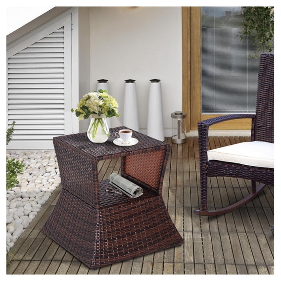 Outdoor Side Table with Umbrella Hole, Rattan Wicker End Table, 2 Tier Patio Table with Storage, All Weather for Garden, Backyard - Mixed Brown
