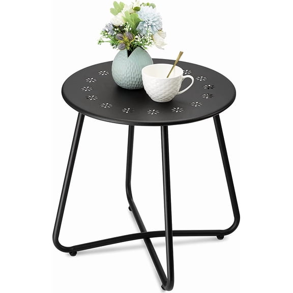 Outdoor Side Tables with Flower Cut Outs, Weather Resistant Steel Patio Side Table, Small Round Outdoor End Table Metal Side Table for Patio Yard Balcony Garden Black