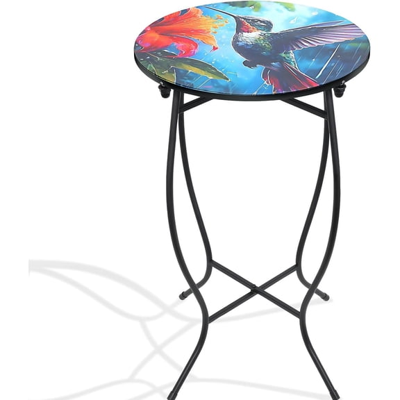 Outdoor Side Tables for Patio, 21" High Round End Table, Weather Resistant Metal Patio Accent Table Indoor and Outdoor End Table for Yard, Garden, Living Room, Bistro, Halloween (Hummingbird)