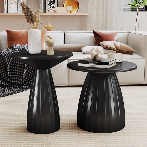 Outdoor Side Tables Set of 2, Small Round End Table, Weather Resistant Metal Steel Side Table for Patio Yard Balcony Garden Bedside, No Assembly, Black