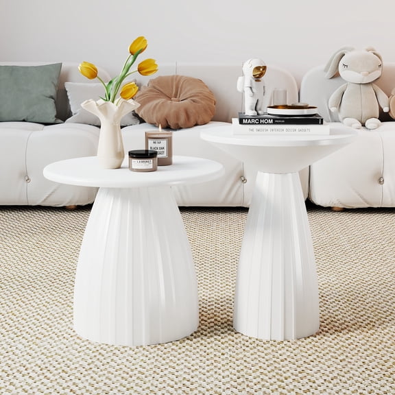 Outdoor Side Tables Set of 2, Small Round End Table, Weather Resistant Metal Steel Side Table for Patio Yard Balcony Garden Bedside, No Assembly, White
