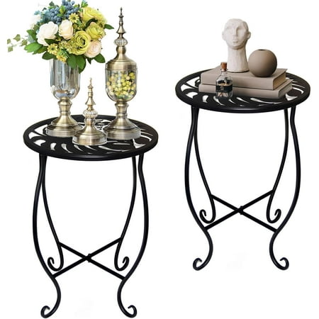 Outdoor Side Tables for Small Spaces, 2 Pack 10 Inch Round Metal End Table Weather Resistant Metal Patio Side Table for Patio Yard Porch Balcony Garden Bedside, Plant Stand for Indoor Outdoor