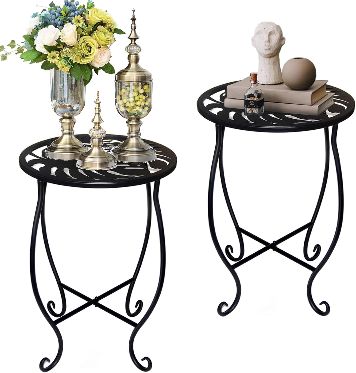 Outdoor Side Tables for Small Spaces, 2 Pack 10 Inch Round Metal End Table Weather Resistant Metal Patio Side Table for Patio Yard Porch Balcony Garden Bedside, Plant Stand for Indoor Outdoor